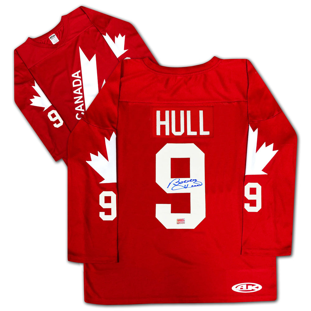 MAILLOT ROUGE DE TEAM CANADA AUTOGRAPHIÉ PAR BOBBY HULL – OBJET DE COLLECTION SOUVENIR DE HOCKEY LNH SIGNÉ (TAILLE L OU XL)