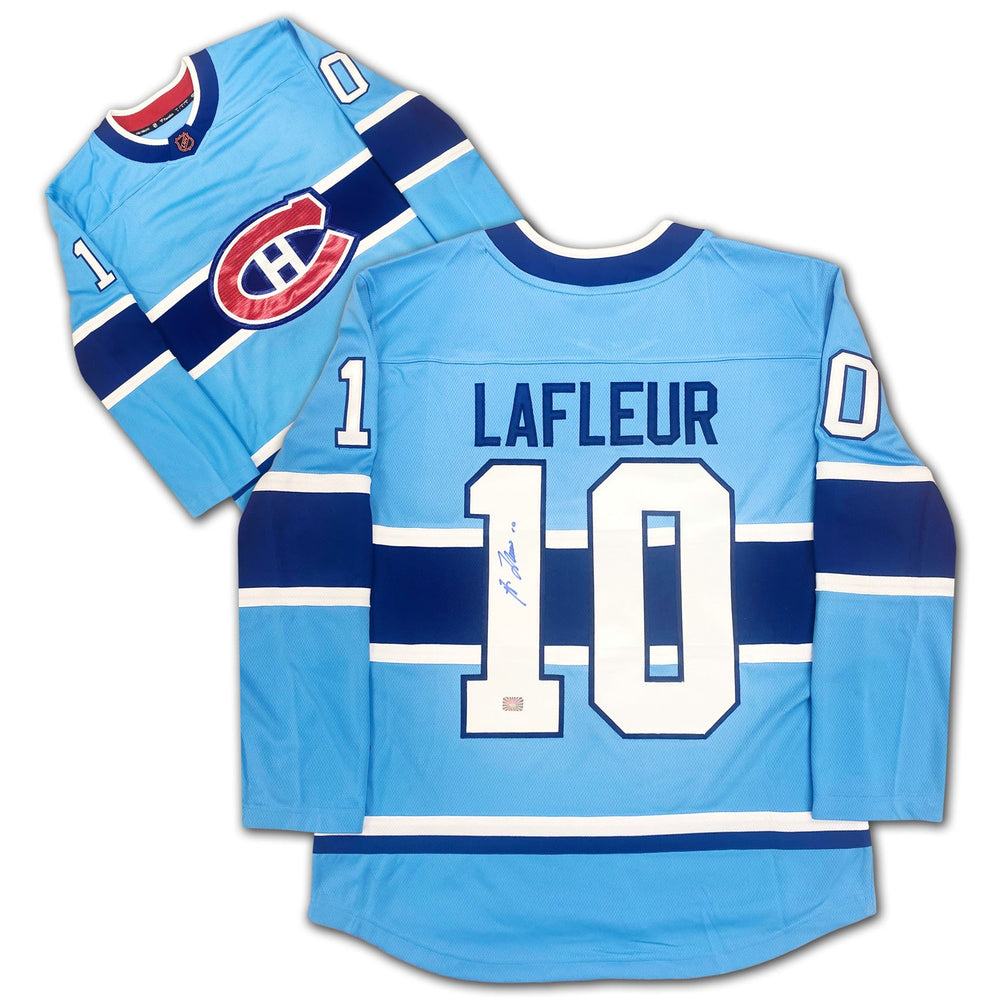 MAILLOT GUY LAFLEUR DES CANADIENS DE MONTRÉAL (ÉDITION SPÉCIALE BLEU PÂLE) AUTOGRAPHÉ – ARTICLE DE COLLECTION DE HOCKEY LNH SIGNÉ (TAILLE L OU XL)