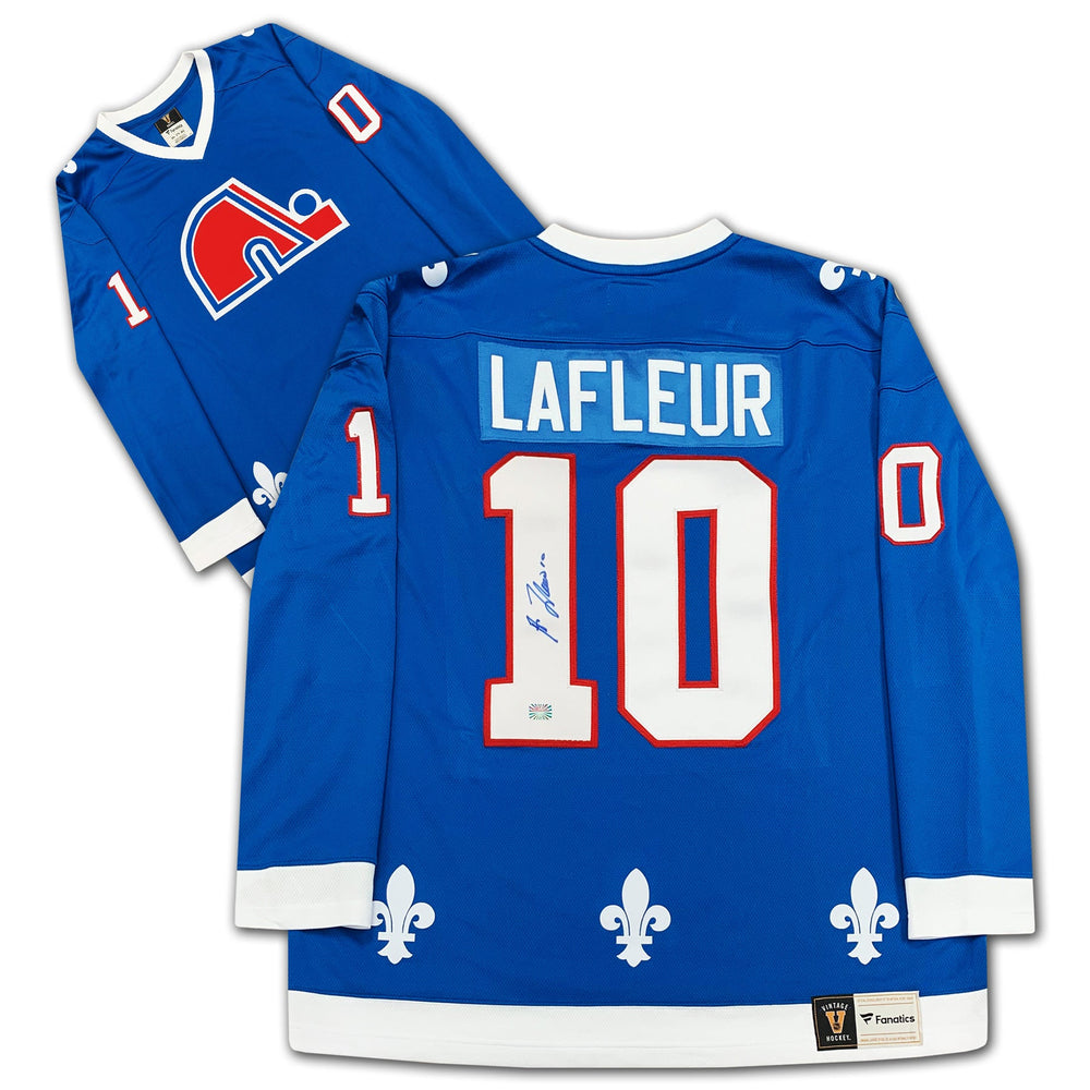 MAILLOT BLEU DES NORDIQUES DE QUÉBEC AUTOGRAPHIÉ PAR GUY LAFLEUR – ARTICLE DE COLLECTION NHL AUTOGRAPHÉ (TAILLE L OU XL)