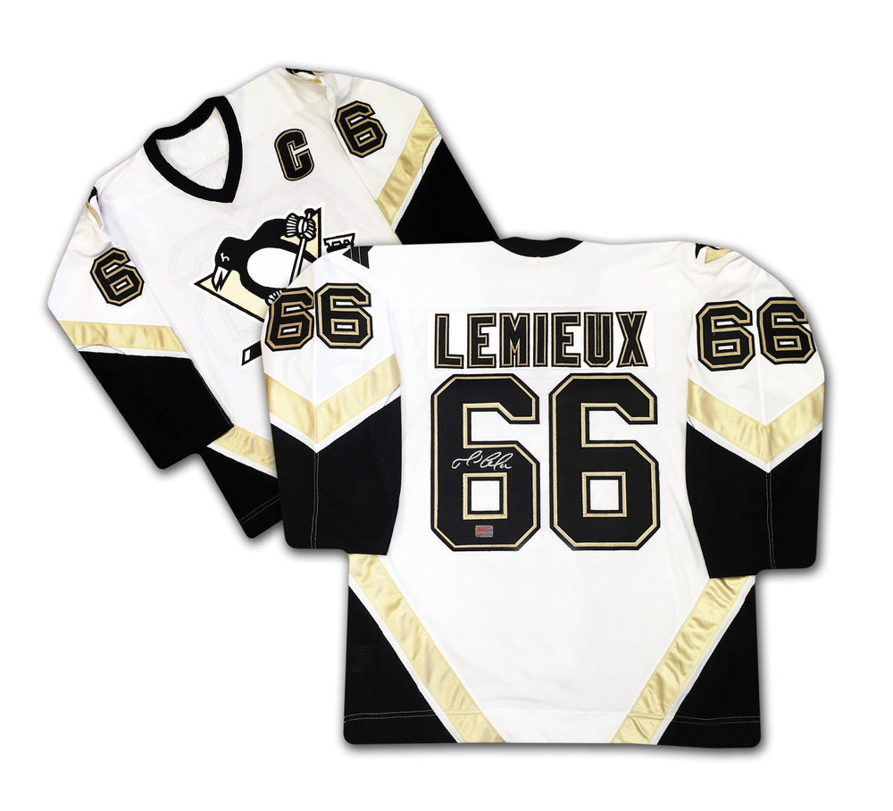 MAILLOT BLANC DES PENGUINS DE PITTSBURGH AUTOGRAPHÉ PAR MARIO LEMIEUX – ARTICLE DE COLLECTION NHL DÉDICACÉ (TAILLE L OU XL)