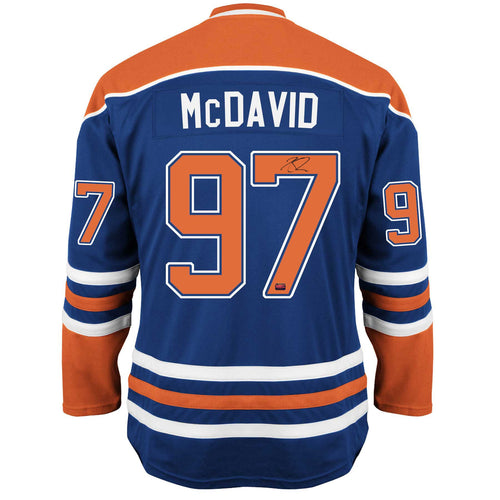 MAILLOT BLEU AUTOGRAPHIÉ DE CONNOR MCDAVID DES EDMONTON OILERS - SOUVENIR DE HOCKEY DE LA LNH AVEC CERTIFICAT D'AUTHENTICITÉ (TAILLE L OU XL) - AUTHENTIFICATION UDA D'UPPER DECK