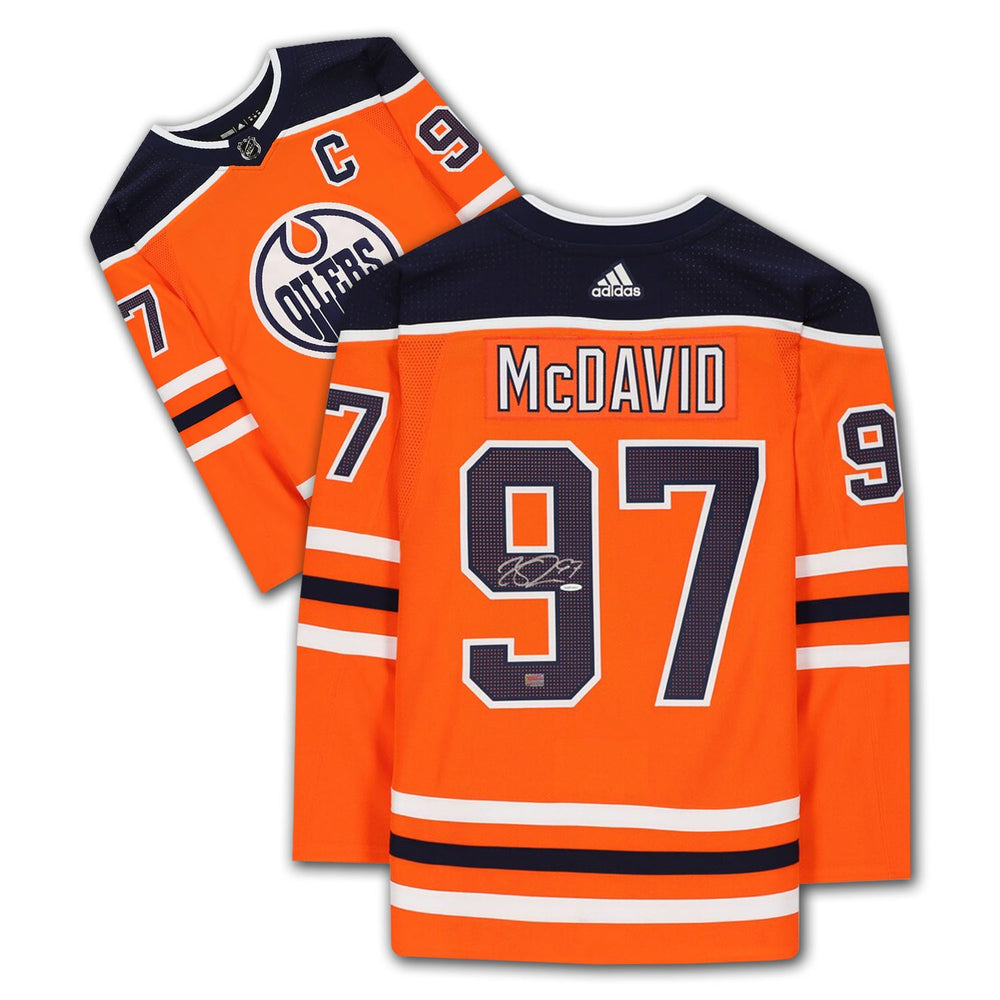 MAILLOT ORANGE DES EDMONTON OILERS AUTOGRAPHÉ PAR CONNOR MCDAVID - OBJET DE COLLECTION DE HOCKEY NHL SIGNÉ AVEC COA (TAILLE L OU XL) - AUTHENTIFIÉ PAR UPPER DECK AUTHENTICATED UDA COA