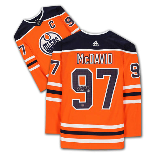 MAILLOT ORANGE DES EDMONTON OILERS AUTOGRAPHÉ PAR CONNOR MCDAVID - OBJET DE COLLECTION DE HOCKEY NHL SIGNÉ AVEC COA (TAILLE L OU XL) - AUTHENTIFIÉ PAR UPPER DECK AUTHENTICATED UDA COA