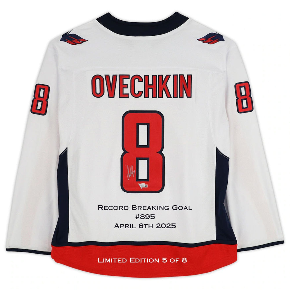 ALEXANDER OVECHKIN SIGNED WASHINGTON CAPITALS WHITE JERSEY – GOAL RECORD EDITION 895 CAREER GOALS – LIMITED EDITION /8 (SIZE L OR XL)