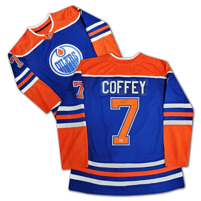 MAILLOT BLEU PAUL COFFEY AUTOGRAPHE EDMONTON OILERS – OBJET DE COLLECTION HOCKEY NHL SIGNÉ (GRANDEUR G OU TG)