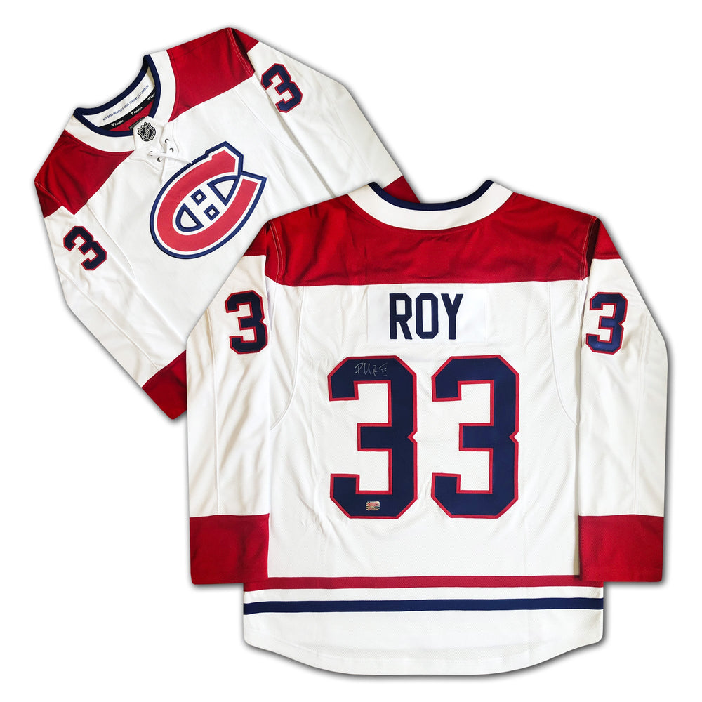 MAILLOT BLANC DES CANADIENS DE MONTRÉAL AUTOGRAPHIÉ PAR PATRICK ROY – ARTICLE DE COLLECTION DE HOCKEY DE LA LNH (TAILLE L OU XL)