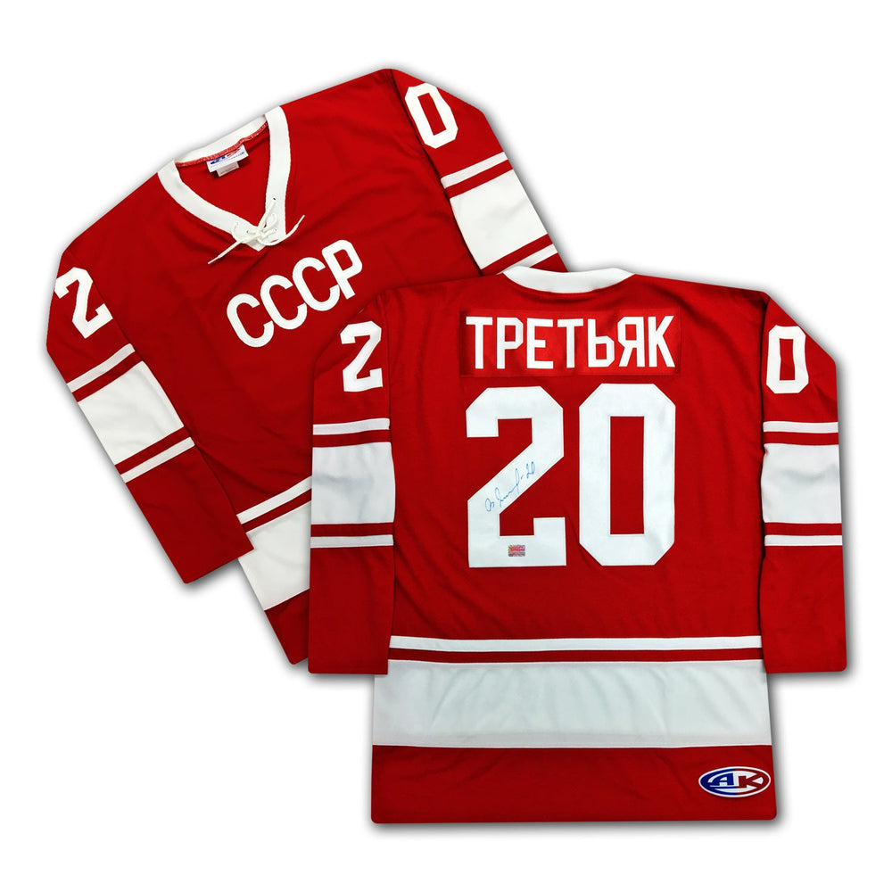 MAILLOT CCCP ROUGE SIGNÉ PAR VLADISLAV TRETIAK – SOUVENIR DE HOCKEY SOVIÉTIQUE AUTOGRAPHIÉ (GRANDEUR G OU TG)