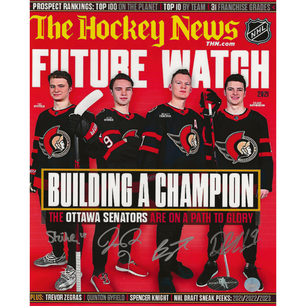 Couverture de magazine 8x11 The Hockey News Future Watch des Sénateurs d'Ottawa autographiée par Tim Stützle, Josh Norris, Brady Tkachuk et Drake Batherson
