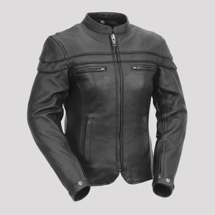Blouson de moto pour femme. Cuir de vachette ventilé avec doublure thermique amovible