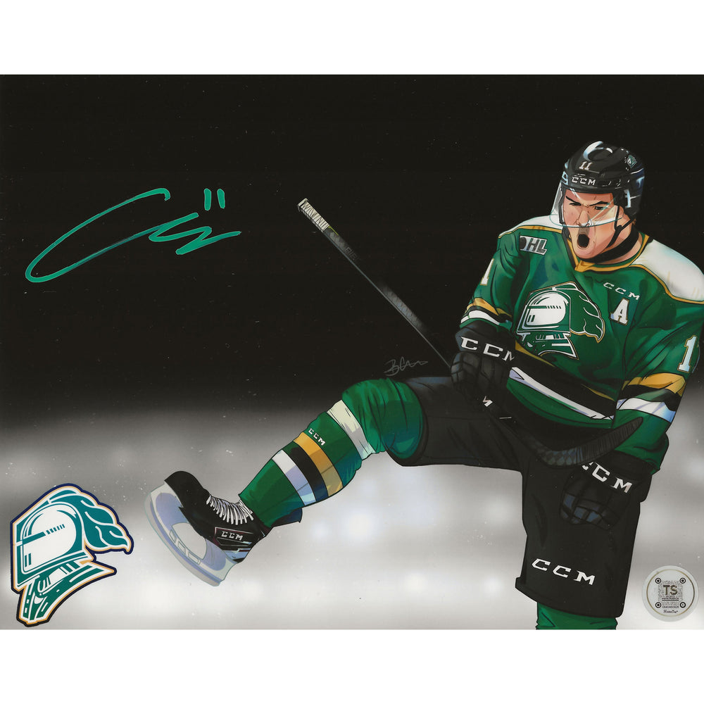 Connor McMichael Autographed London Knights Goal Celebration Artwork 8x10 Photo