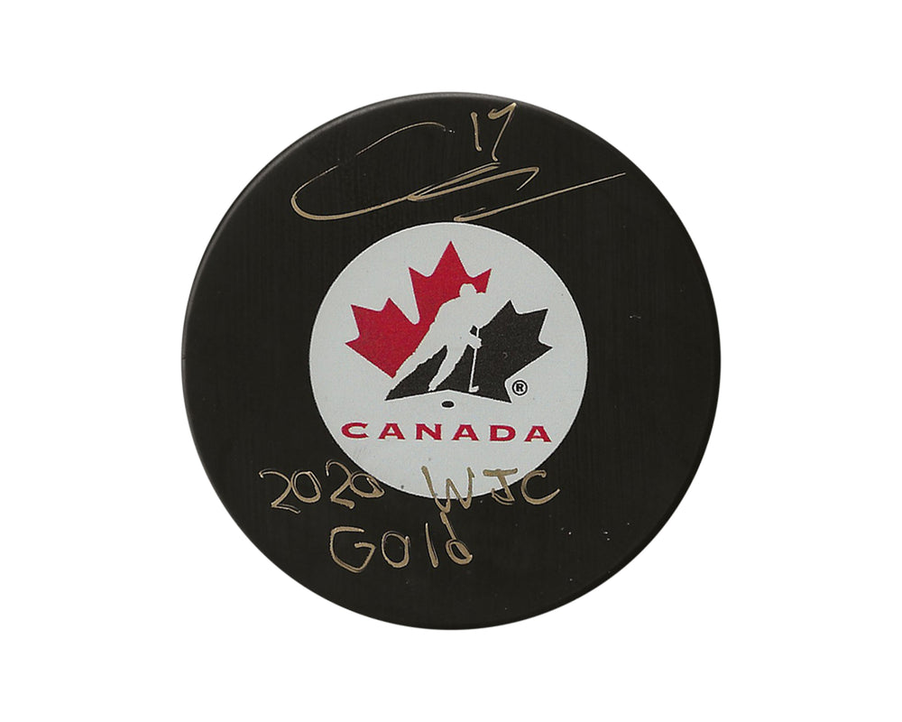 Palet de hockey Connor McMichael autographié Équipe Canada, modèle autographié, avec l'inscription « 2020 WJC Gold »