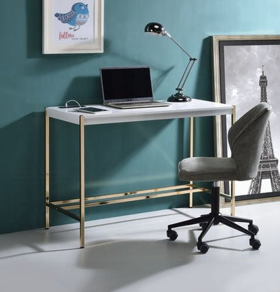 Bureau polyvalent élégant Lunar avec port USB - Blanc/Or