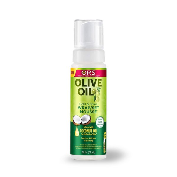 Mousse Coiffante Éclat Réparateur ORS Olive Oil Hold & Shine Wrap Set enrichie à l'huile de noix de coco 207ml