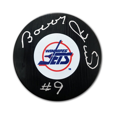 PALET DE HOCKEY BOBBY HULL SIGNÉ DES JETS DE WINNIPEG – ARTICLE DE COLLECTION LNH AUTOGRAPHÉ AVEC INSCRIPTION #9