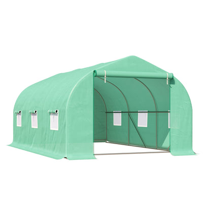 Outsunny Serre de jardin tunnel 4,5 x 3 x 2,1 m avec porte enroulable et 6 fenêtres en maille, châssis en acier, vert