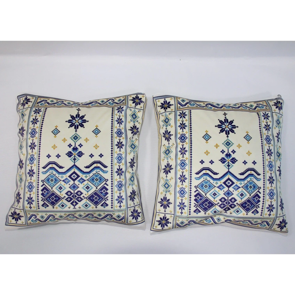 Cushion Cover Set of 2 – Palestinian Tatreez – 18×18 in – Coastal Blue
