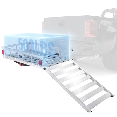 VEVOR Porte-Bagages d'Attelage 50 x 29,5 x 8,7 pouces, Panier de Faisceau de Remorque en Aluminium avec Rampe Pliante Capacité 500 lb, Rack de Porte-Bagages Compatible avec Récepteur d'Attelage de 2 pouces pour SUV Camionnette Camping