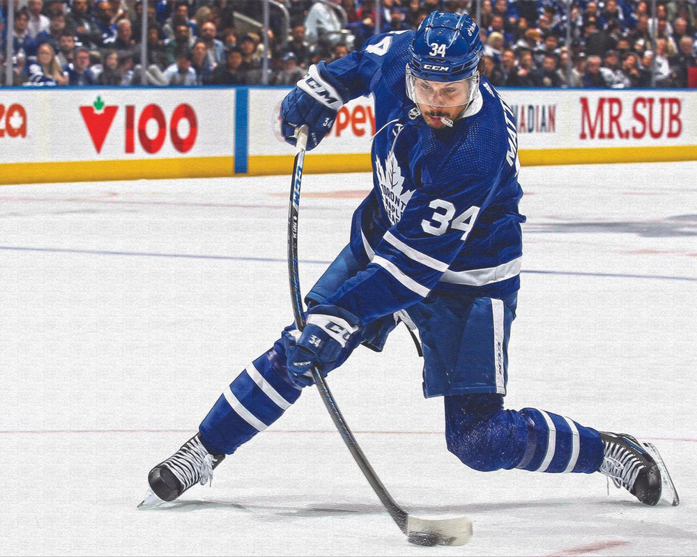 AUSTON MATTHEWS SLAPSHOT TORONTO HOCKEY NHL LICENSED WRAPPED CANVAS – WALL ART DECOR FOR SPORTS ENTHUSIASTS – COLLECTIBLE PRINT TRIBUTE OF STAR PLAYER – OFFICIAL FAN DISPLAY – LEAFS MEMORABILIA GIFT IDEA 16"X20"
